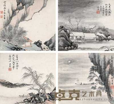 谢兰生 邓瑶 山水 书法（四件） 镜心 21.5×24cm×8